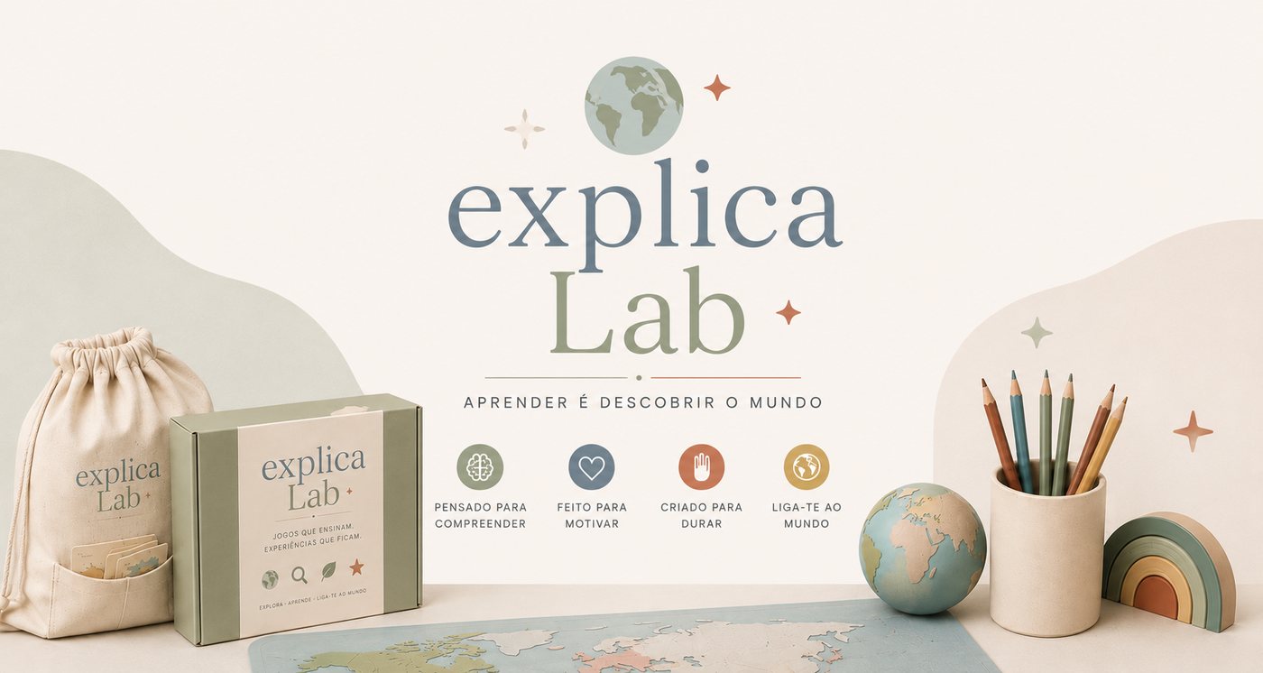 Materiais ExplicaLab: caixa, saco de algodão, cartões e tapete de mapa-múndi